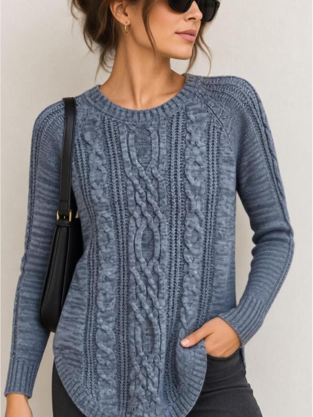 Arizona Jean Co Blue Gray Cable Knit Curved Hem Sweater